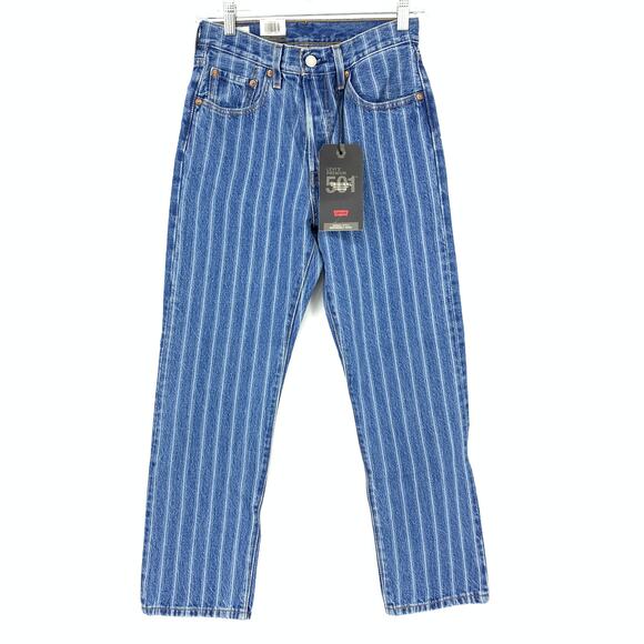 Levi's Denim - Levi's Jeans 501 Womens 24 Cropped Straight Leg Blue Striped Button Fly NWT